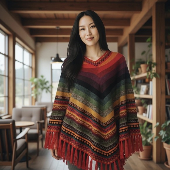 Peruvian Soul Baby Alpaca Poncho Colorful Striped Fringe Boho Southwest Festival